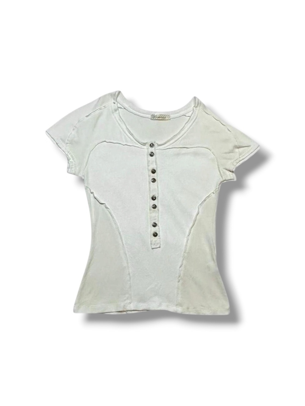 2000s Y2K grunge white patchwork stretch knit henley top baby tee L Gabriella